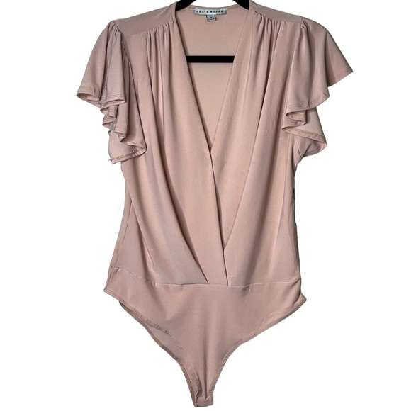 Haute Monde Ruffle Flutter Sleeve Mock Wrap Bodysuit Top Blush Pink Medium Sexy - Picture 11 of 16